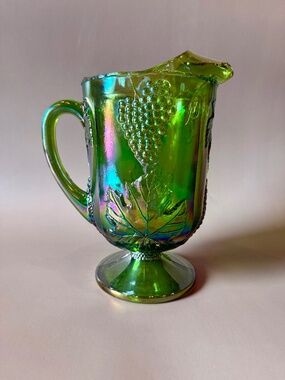 Vintage Indiana Glass Green Carnival Grape Vine Pitcher | Iridescent Pedestal